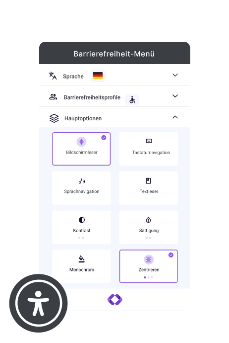 Vorschau des tabnav-Barrierefreiheits-Widgets mit Textgröße, Kontrast und Navigationssteuerung