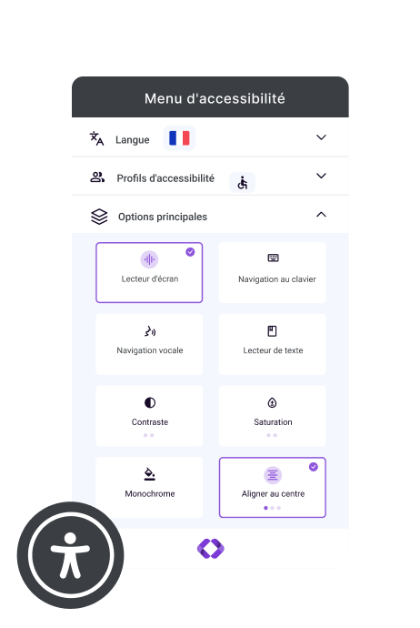 Aperçu du widget d'accessibilité tabnav avec taille du texte, contraste et contrôles de navigation