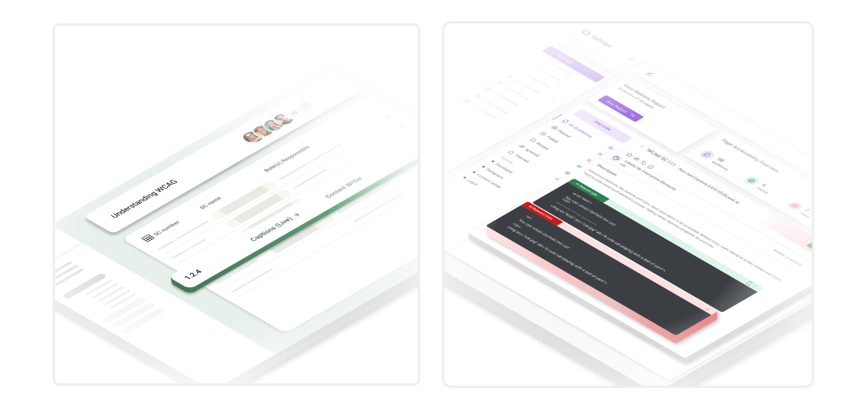 Side-by-side interface previews showing WCAG compliance insights and accessibility evaluations. On the left, a 'Understanding WCAG' panel highlights roles and success criteria, while on the right, an accessibility overview displays issues with detailed analysis and solutions.