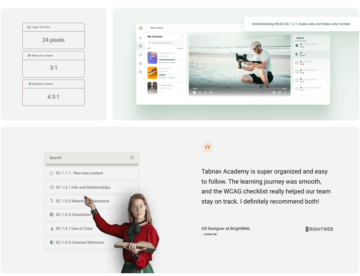 Overview of Tabnav Academy's accessibility features, including larger text size, contrast standards, video course modules, WCAG learning checklist, and a customer testimonial from UX Designer at BrightWeb.