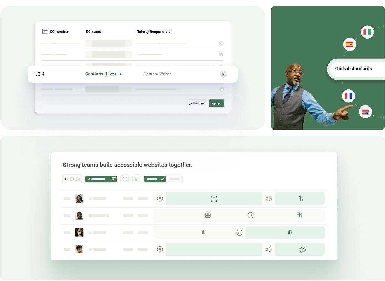 Tabnav Academy feature showing a success criterion table with captions (live) assigned to a content writer, global standards represented by country flags, and team collaboration tools for building accessible websites.