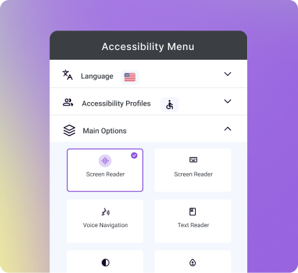 Accessibility widget interface showing language and profile options