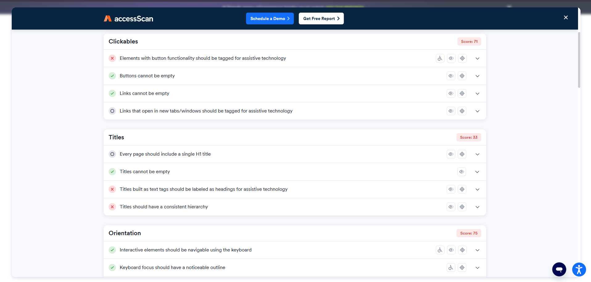 ADA compliance checker report showing clickable elements, title structure issues, and keyboard accessibility checks in an automated accessibility scan