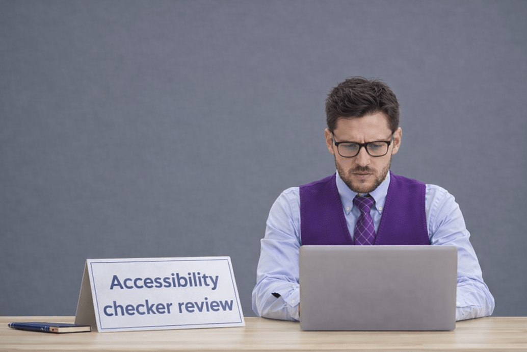 Accessibility expert reviewing an ADA compliance checker, evaluating website accessibility results during an AccessiBe-style audit.