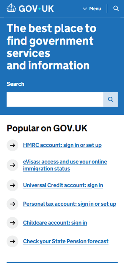Mobile view of the GOV.UK website demonstrating responsive design, readable text, and accessible navigation for an ADA-compliant website experience.