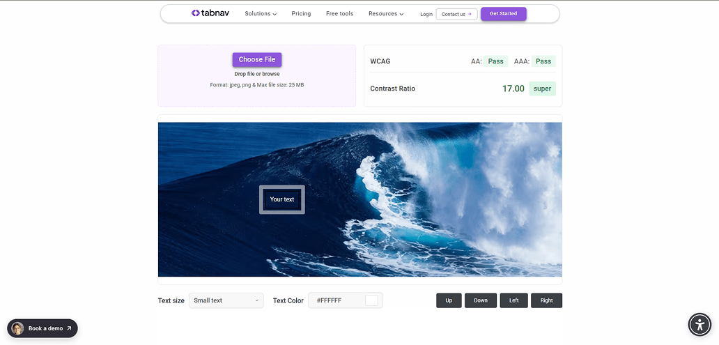Image contrast checker used for accessibility testing, showing text overlay on an image with WCAG contrast ratio results and pass indicators.