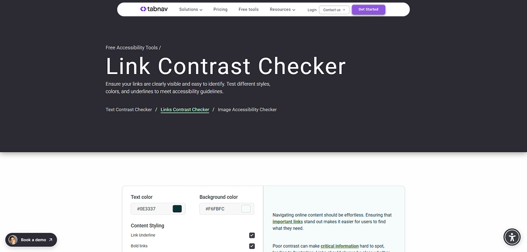 Link contrast checker used for accessibility testing, showing link color, background color, and visibility checks to meet WCAG requirements.