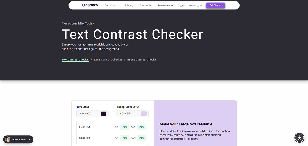 Text contrast checker interface used for accessibility testing, showing color contrast results for readable and WCAG-compliant text.