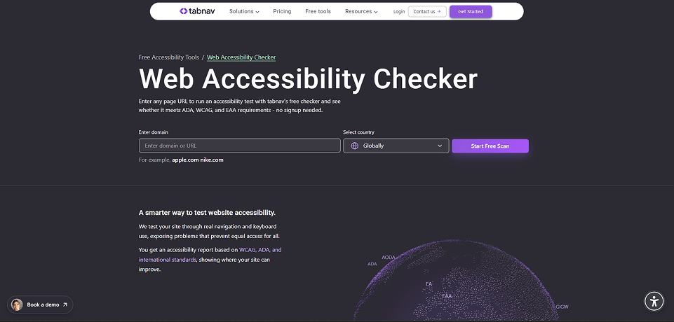 Web accessibility checker interface showing ADA and WCAG testing tool for scanning website compliance