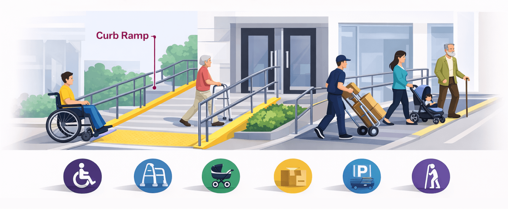 Illustration showing an ADA compliant ramp at a building entrance used by wheelchair users, people with walkers, parents with strollers, delivery staff, and older adults