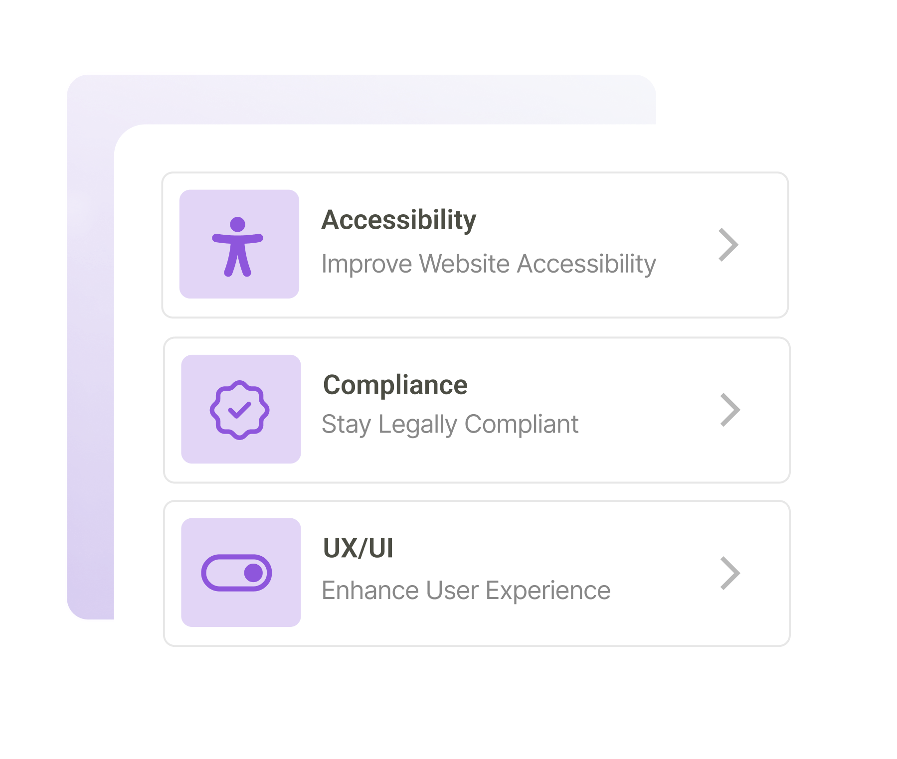 UI-style menu with three stacked options: Accessibility (Improve Website Accessibility), Compliance (Stay Legally Compliant), and UX/UI (Enhance User Experience). Each option includes a purple icon.