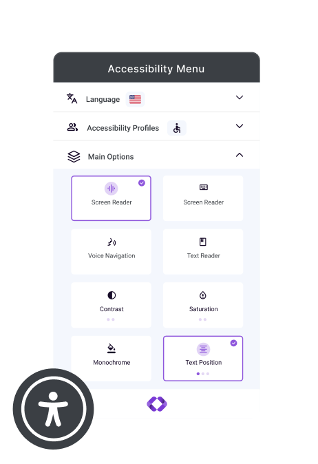 Tabnav accessibility widget preview showing the accessibility panel with text sizing, contrast, and navigation controls