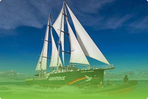 Greenpeace Rainbow Warrior sailing vessel at sea during the Equal Access campaign, representing Greenpeace's commitment to a fully inclusive digital presence for users of all abilities