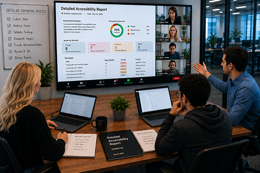 Tabnav accessibility specialists reviewing detailed audit findings