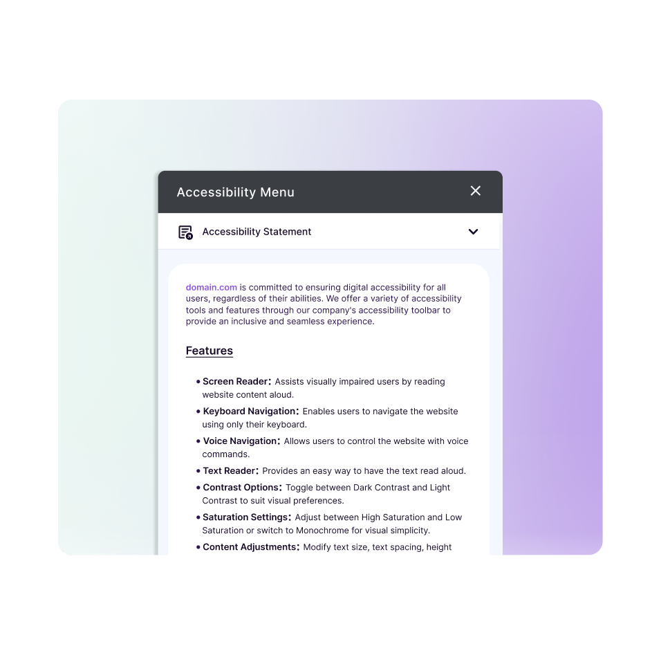 Illustration of the Accessibility Statement section on our AI widget, highlighted with a magnifying glass design.