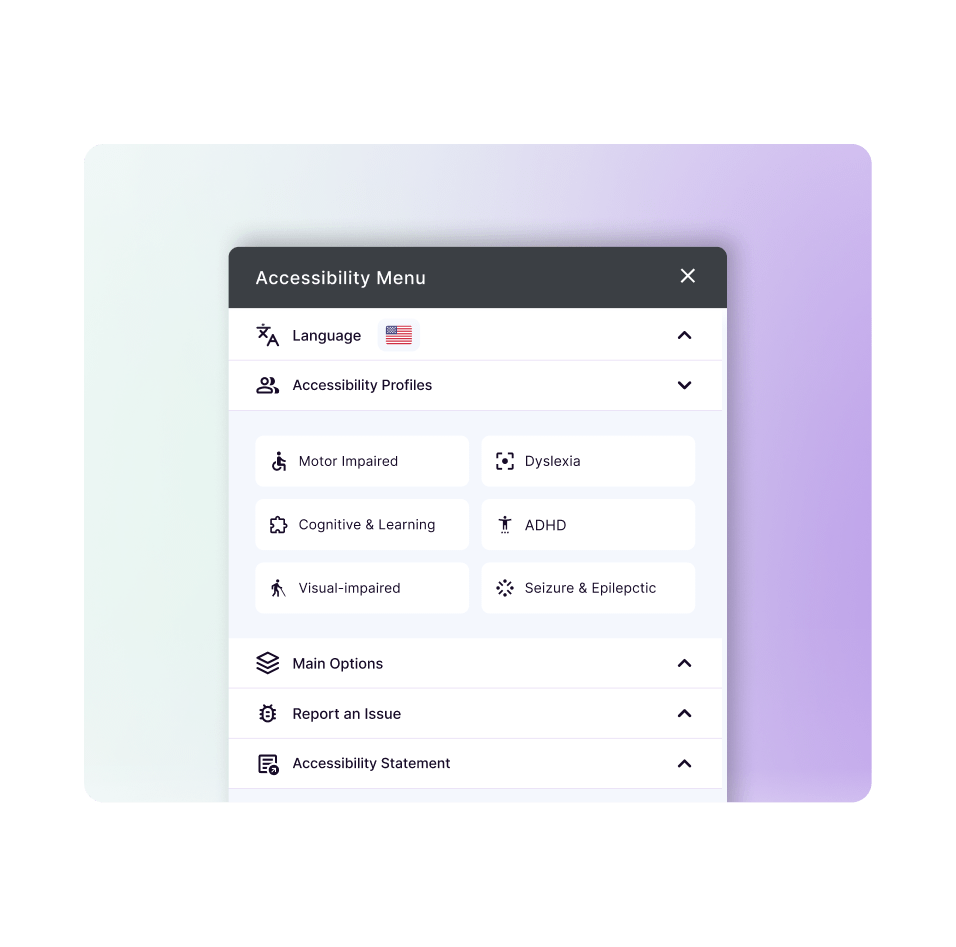 Illustration of the Accessibility Profiles section on our AI widget, highlighted with a magnifying glass design.
