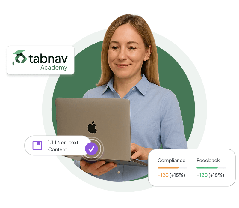 Woman standing with a laptop viewing Tabnav Academy after using the free web accessibility checker