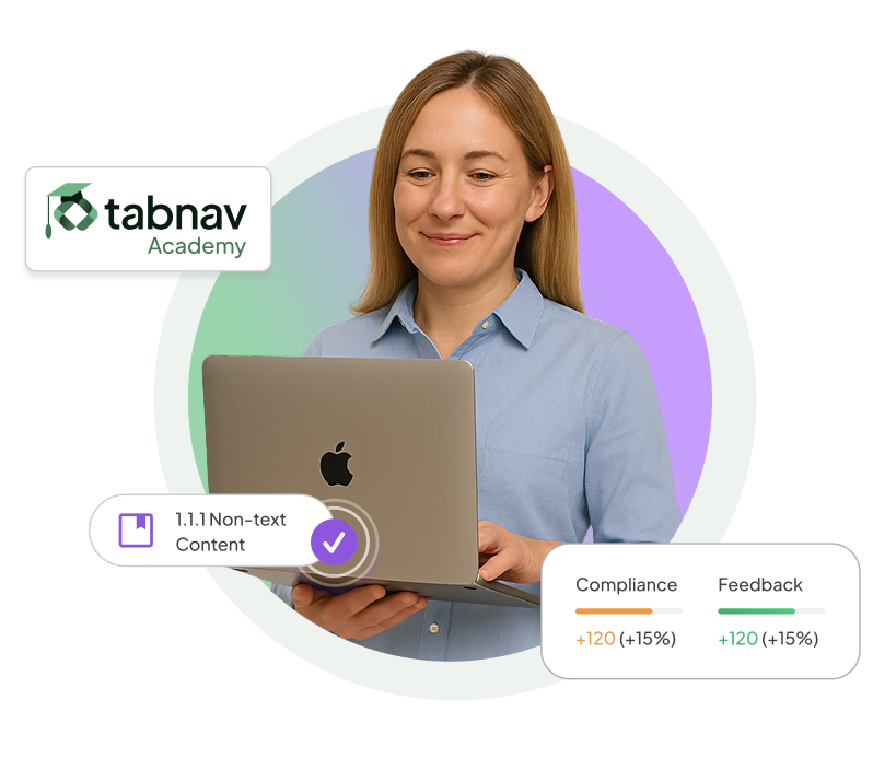 Tabnav Academy interface showing accessibility metrics