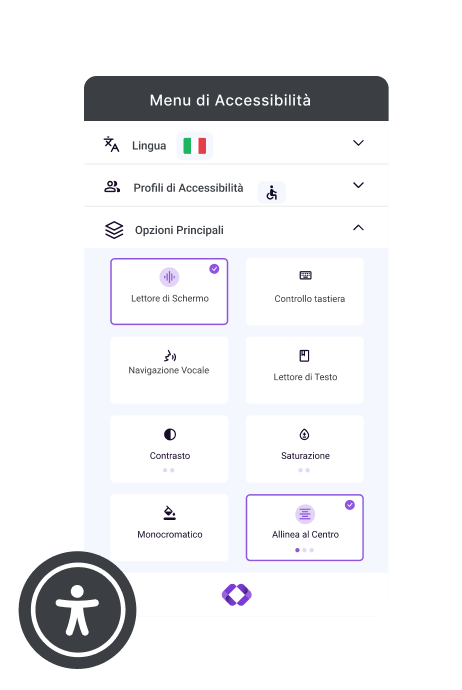 Anteprima del widget di accessibilità tabnav con dimensione testo, contrasto e controlli di navigazione