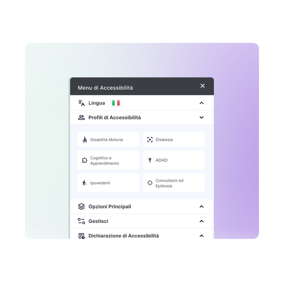 Illustration of the Accessibility Profiles section on our AI widget, highlighted with a magnifying glass design.