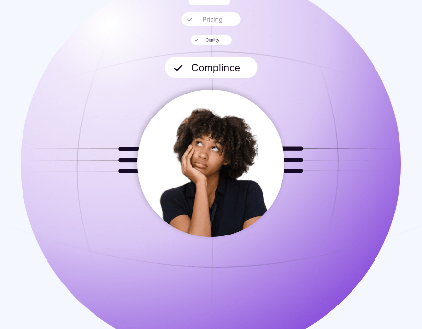 En person som överväger efterlevnad som nyckelfaktor vid val av tillgänglighetspartner, med en checklista om efterlevnad, pris och kvalitet.