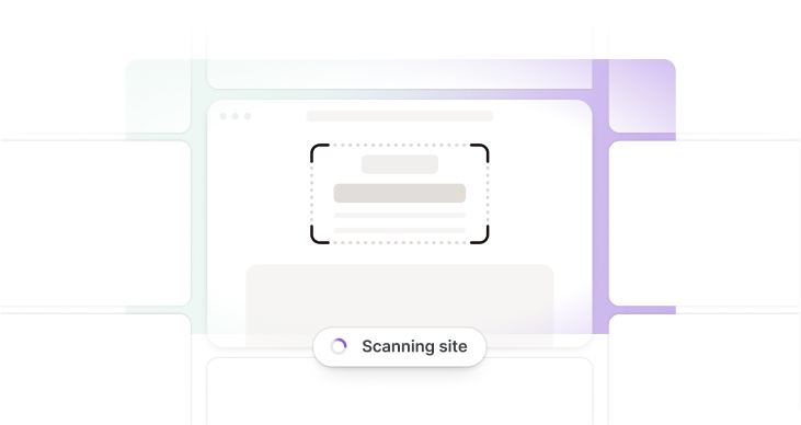 Illustration of a browser window being scanned with a loading indicator labeled 'Scanning site'. Purple and green gradient background elements surround the central window.